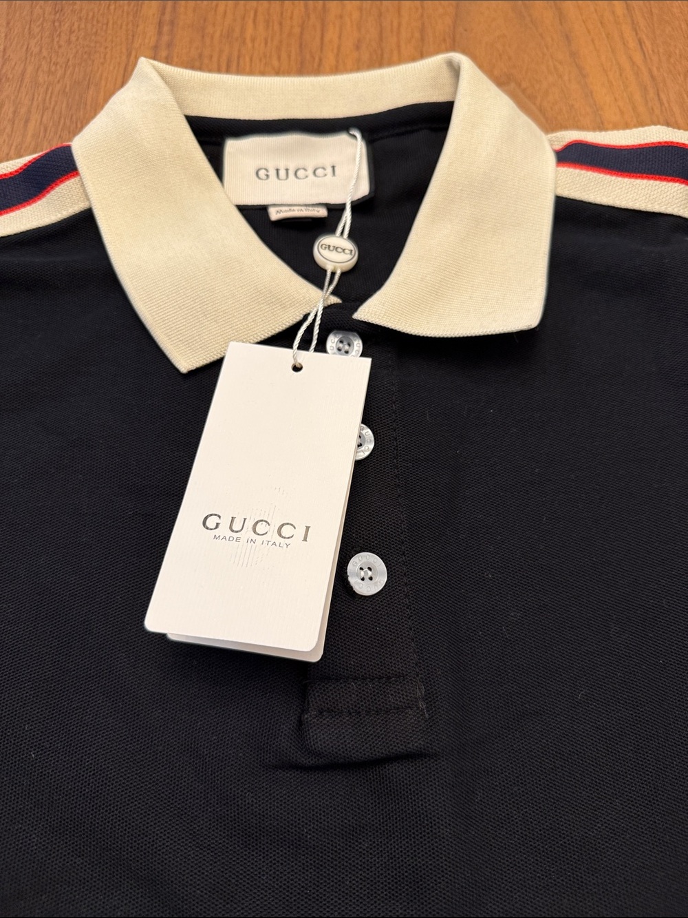 Gucci Black Polo with Cream Collar and Red-Blue Shoulder Stripes - Picture 2 of 2